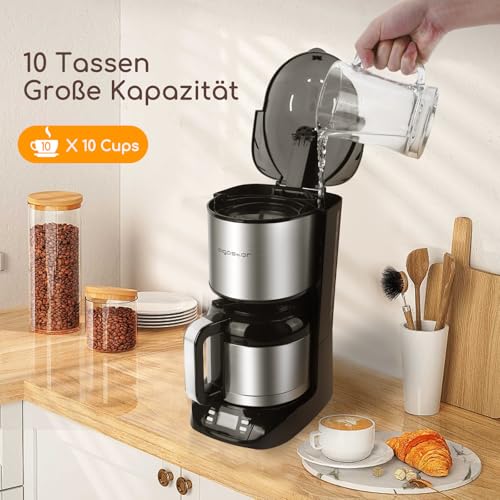 Aigostar Bonnie - Edelstahl Kaffeemaschine mit timer, 24H programmierbar, LCD Display, Warmhalteplatte, Abschaltautomatik, Tropfstopp, 800W, Filterkaffeemaschine mit Thermokaraffe, 10 Tassen, 1,2 L – Bild 3