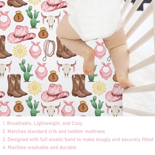 Image of Pink Western Cowgirl Cowboy Fitted Baby Crib Sheet for Boy Girl 52 inchx28 inch Desert Cowboy Hat Boot Sun Cactus Soft Breathable Baby Crib Mattress Bed Sheet Fits Standard Crib and Toddler Mattress