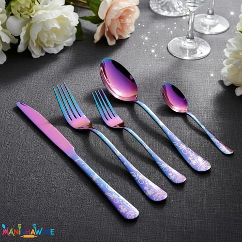 Image of Floral Rainbow 10 Pcs Stainless Steel Cutlery Set for Dining Table, Dishwasher Safe Glossy Flatware (2 Spoon Set+2 Forks Set+2 Butter Knife+2 Dessert Spoon+ 2 FruitFork)