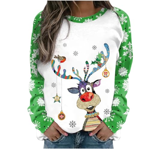 Generisch Weihnachtspullover Damen Lustige Langarmshirt Weihnachten Oberteil Baumwolle Weihnachtsshirt Weihnachts Elch Xmas Oberteile Weihnachtspulli Rundhals Sweatshirt Grün...