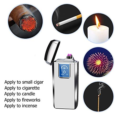 Lighters Dual Arc Lighter Windproof Plasma Lighter USB Rechargeable Lighters Flameless Electronic Lighter with LED Display for Cigarettes Candles Fireworks (Silver) - Thumbnail 4