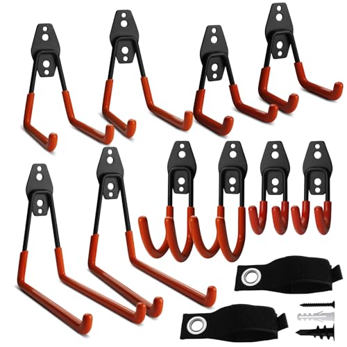 INHHCED Ganchos para garaje, paquete de 12 soportes de pared con 2 correas de almacenamiento de cables de extensión, resistentes para organizadores multiusos, herramientas de jardín, perchas de