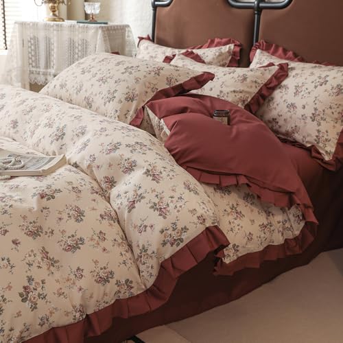 Image of VM VOUGEMARKET Red Ruffle Duvet Cover Twin,Vintage Rose Flower Bedding Set with Zipper Ties 100% Cotton Romantic Lace Comforter Cover for Teen Girls