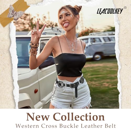 Women Western Leather Belt Boho Cross Conch Waist Belt for Dress Jeans2