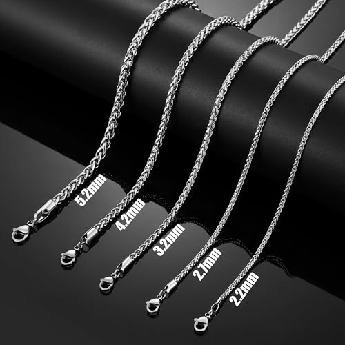 Fiusem Silver Tone Chain Necklace for Men, 3.2mm Mens Silver Chain, Stainless Steel Wheat Necklace for Men and Women, Mens Necklace Chain 28 Inch by Fiusem - Used condition - Image 2