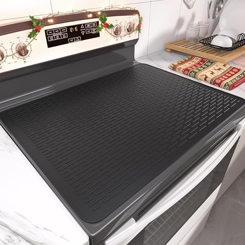 Stove Top Cover for Electric Stove- Range Covers for Electric Stove,Silicone XXL Dish Drying Mat, Glass Cooktop Covers, Flat RV Range top Mats (Black, 28'x20')