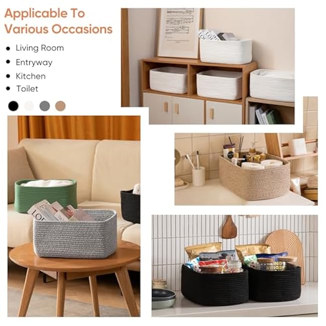 OIAHOMY 4 Pack 14.17*11.02*6.3IN Storage Baskets for Organizing Shelves, Woven Rope Baskets for Organizing Books, Clothes, Decorative Basket for Living Room, Nursery, Bedroom, Gift Basket, White