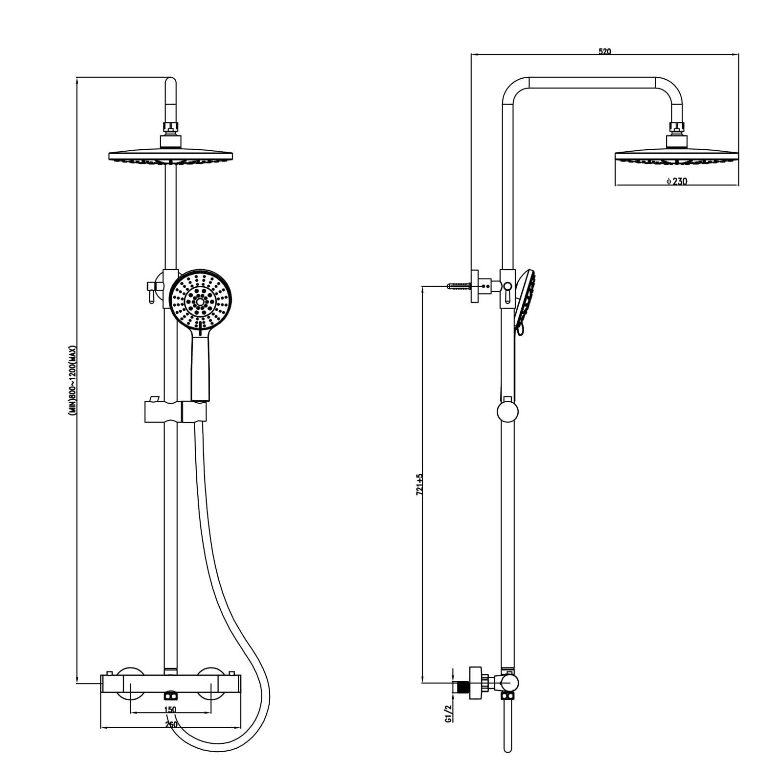 KOMIRO Duschsystem mit Thermostat, 23 x 23 cm Regendusche, Duscharmatur mit Thermostat, 5 Strahlarten Handbrause, Duschstange Edelstahl Regenwalddusche Komplett für Duscheset, Chrom