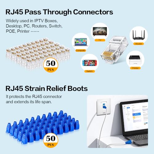 Image of Ethernet Crimping Tool RJ45 /RJ11 Crimp Tools,CAT5 Cat5e Cat6 RJ45 Crimping Tool Kit With Multiply Cable Stripper, Blades,50PCS Cat6 Connectors, 50PCS Boots,Wire Cutter