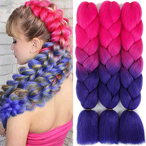 Red Braiding Hair Extension Hair for Braiding Synthetic Braiding Hair,Ombre Braiding Hair,Braid in Hair, Crochet Twist Box Braiding Hair ( 24 Inch 3 Pcs/Lot ,Rose-Blue)