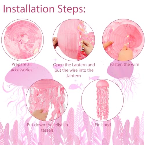 Image of Jellyfish Paper Lanterns 6 Pcs Hanging Ocean Sea Party Decor | Jelly Fish Paper Lanterns for Mermaid Under The Sea, Ocean, Baby Shower and Spongebob Birthday Party Decorations