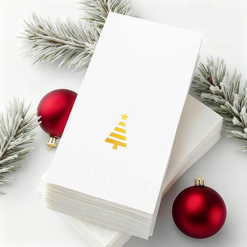 Tbsone Christmas Paper Napkins Disposable: Guest Dinner Hand Towels, Gold Foil Christmas Trees Design for Table Decor, Bathroom, Home, Kitchen, Holiday Cocktail Party (50 Pack)