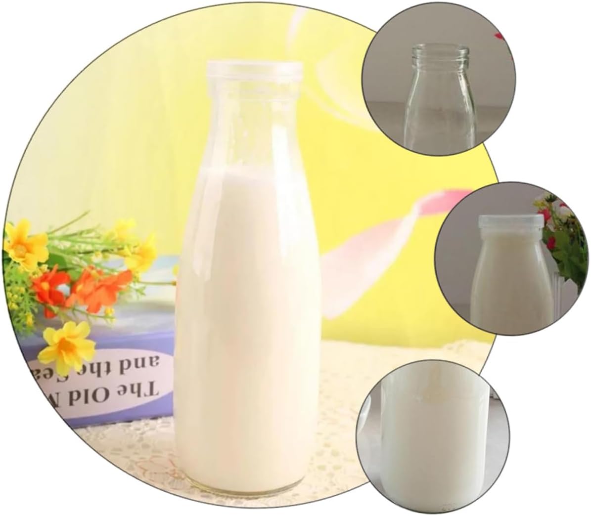 KICHOUSE 4pcs Juice Bottles Glass Milk Containers Lids Leakproof Dishwasher Safe