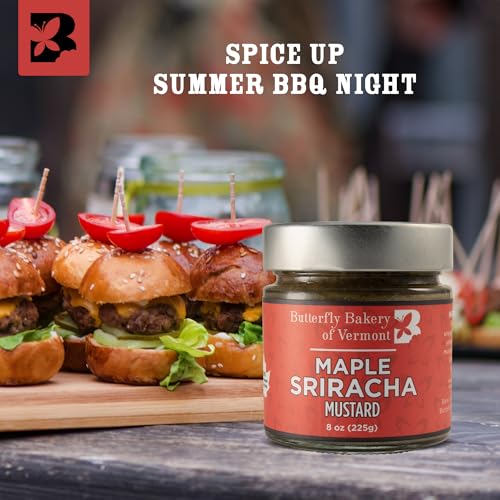 Image of Butterfly Bakery of Vermont Maple Sriracha Mustard, 8 oz | Maple syrup, jalapenos, garlic scapes, yellow and brown mustard seeds, vegan and vegetarian, burgers and grilled meats