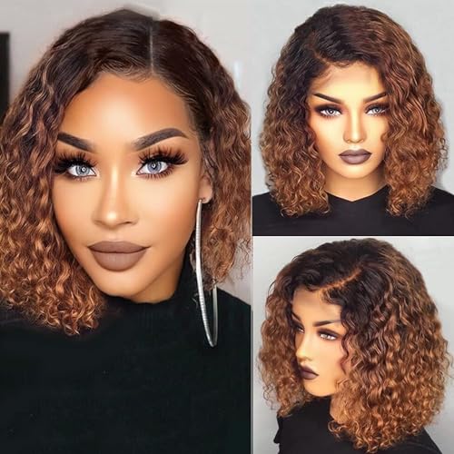Short Ombre Brown Curly Bob Lace Front Wigs with
