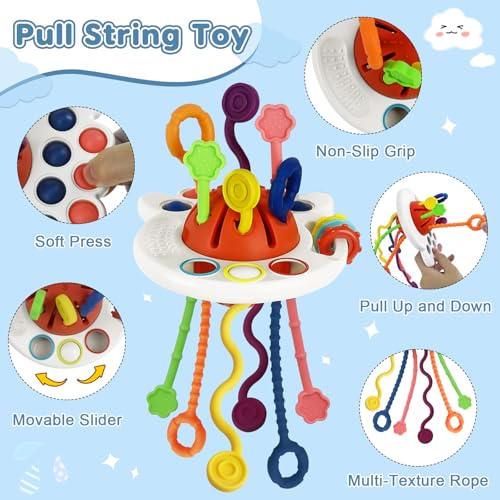 Image of 6 in 1 Montessori Baby Toys for 6-12 Months - Pull String Toy, Sensory Bin, Stacking Cups, Tissue Box, Suction Cup Spinner, Stacking Blocks, Infant Gift Set for 1-3 Year Old Boy Girls