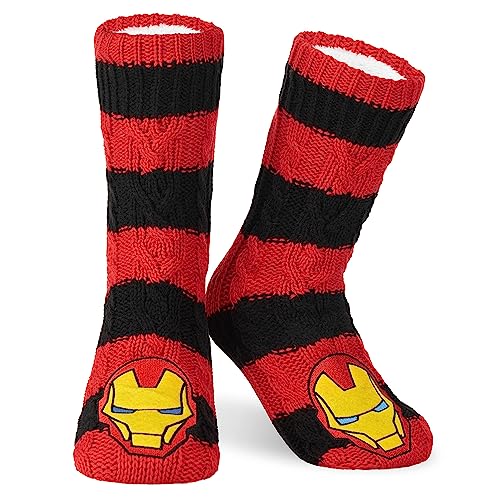 Marvel Socken Herren, Superhelden Kuschelsocken Herren mit ABS Stoppernoppen und Sherpa Fleece Futter (Rot/Schwarz)