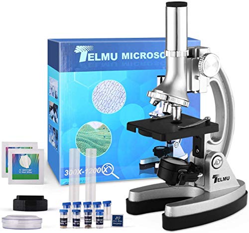 TELMU Microscopio para Estudiantes 300X-600X-1200X Ampliaciones Compuesto Binocular Microscopio con Brazo de Metal, Base y práctico Estuche de Almacenamiento (70 Piezas + Juego de Accesorios)