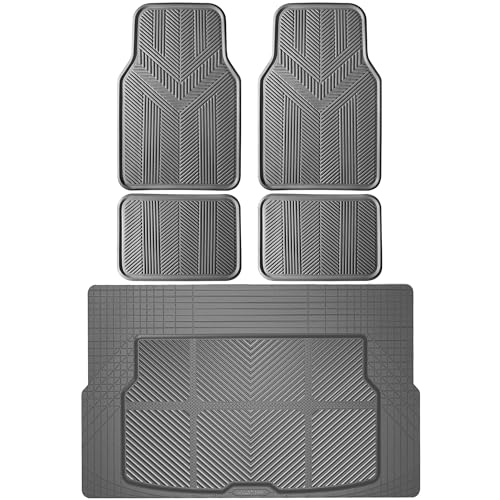 CAR PASS Universal Car Floor Mats & Cargo Liner Full Set, Waterproof Anti-Slip Rubber Trim to Fit Trunk Mats All Weather Protection Fit Car SUV Sedan Coupe Vehicle Automotive 5 Pieces, S-M Size Gray