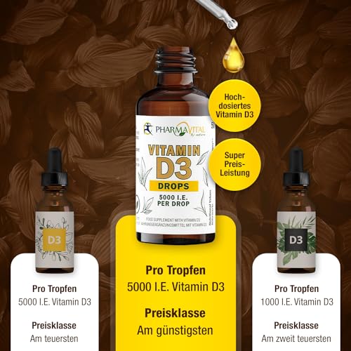 Pharmavital Vitamin D3 Tropfen 5000 50ml flüssig (1830 Tropfen) - Laborgeprüfte 5000 I.E. pro Tropfen - Immunsystem stärken, für Knochen und Muskeln - Hochwertig: sehr hohe Stabilität, vegetarisch