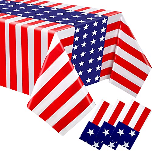 Image of Newwiee 3 Pcs 4th of July Patriotic Tablecloth Disposable American Flag Tablecloth 54x108 Plastic Red White Blue Independence Day Rectangle Table Cover 250th Decoration (Stripes and Stars Style)