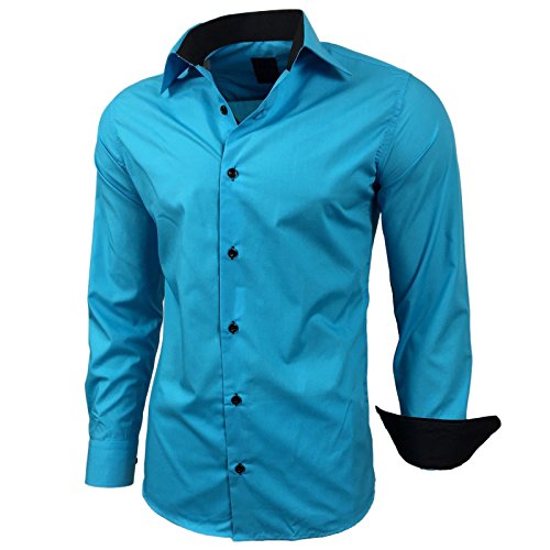 Subliminal Mode - Chemise Homme Bicolore uni Manches Longues Coupe Slim Business RN44,S,Turquoise