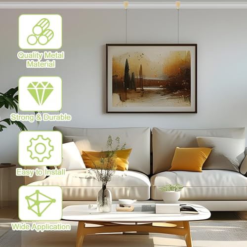 Image of Picture Hanging Kit, 13 Brass Plated Hooks with 3 Rolls 3M Hanging Wires Picture Display Hanging System Accessories for Wall Picture, Exhibition(Black+Gold)