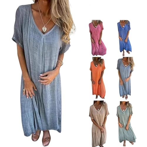 Midikleid aus Baumwolle und Leinen, V-Ausschnitt, Leinenkleider für Damen, A-Linie, langes Kleid, einfarbiges Freizeitkleid, grau, XXL