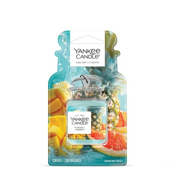 Image of Yankee Candle Car Jar Ultimate, Bahama Breeze Scented Hanging Air Freshener to Neutralize Odors and Refresh Small Spaces with Tropical Fragrance, 0.96 Ounce (Pack of 12)