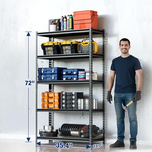 Image of WORKPRO 5-Tier Storage Shelf, 72 inch H Heavy Duty Adjustable Garage Shelving Unit 2180LBS Capacity, for Basement, Kitchen, Pantry, 35.4 inchWx15.7 inchDx72 inchH, Black