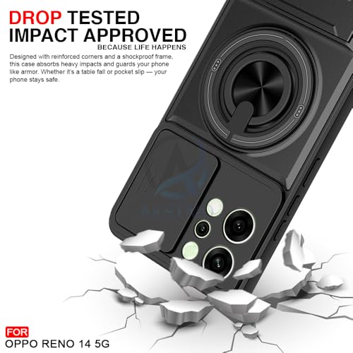 Image of AESTMO Oppo Reno 14 5G Back Cover | Armor Camera Slider 360 Degree Rotating Finger Ring Holder Case with Bracket Stand Back Case Cover for Oppo Reno 14 5G (Compatible with MagSafe Accessories) (Black)