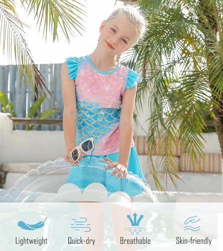 Image of Girls Swimsuit 2 Piece Ruffle Bathing Suit UPF 50+ Tankini Swimsuit Skirt with Lining Size 3-10