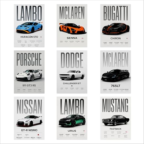 Image of Car Posters Sticker Collection for Wall and Door Decor, Pack of 9
