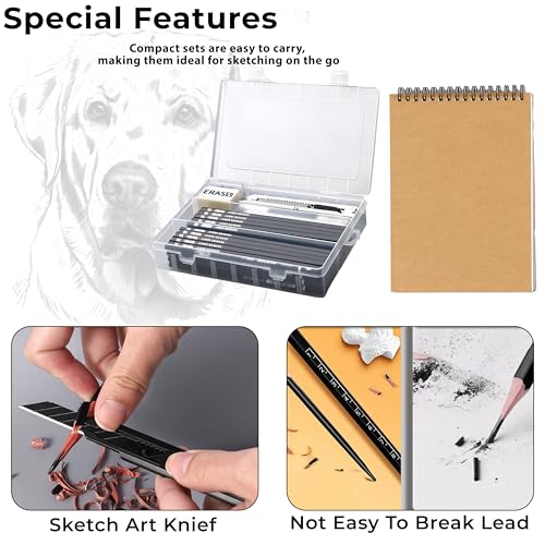 Image of DaKos Professional Sketching Pencil Set for Artists - Complete Drawing Kit with Graphite Pencils Set & Carry Box, Art Supplies for Shading & Sketching with A5 Sketchbook (23 Pcs)