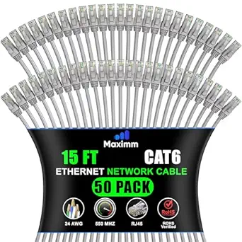 Maximm Cat 6 Ethernet Cable 15 Ft, (50-Pack) Cat6 Cable, LAN Cable, Internet Cable and Network Cable - UTP (Gray)