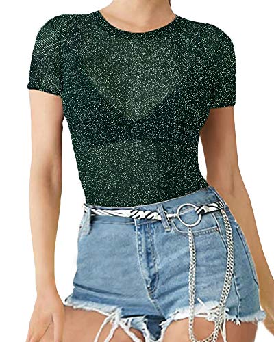 Image of MANGOPOP Women's Long Sleeve /Short Sleeve Glitter Sheer Mesh Tops T Shirt Blouse Clubwear (1113 (Dark Green), X-Small)
