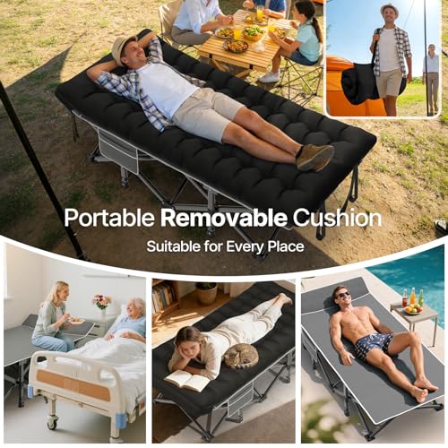 Image of Suteck 32In XXL Folding Camping Cot, 900LBS Heavy Duty Sleeping Cot with Pillow Mattress, 1200D Double-Layer Oxford Portable Cot for Adults with Carry Bag for Home Office Nap Beach Travel