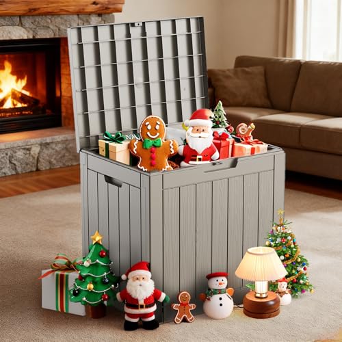 30-Gallon Outdoor Deck Box with Wood-Grain Finish, UV Resistant Waterproof Storage Container with Lock, Storage Box for Camping, Garden & Backyard, Multi-Functional Seat and Table, Light Brown