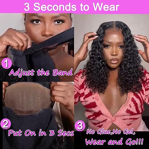 wear and go glueless wigs human hair pre plucked pre cut lace front wigs for black women 180 density water wave bob wig human hair curly wig 14 inch