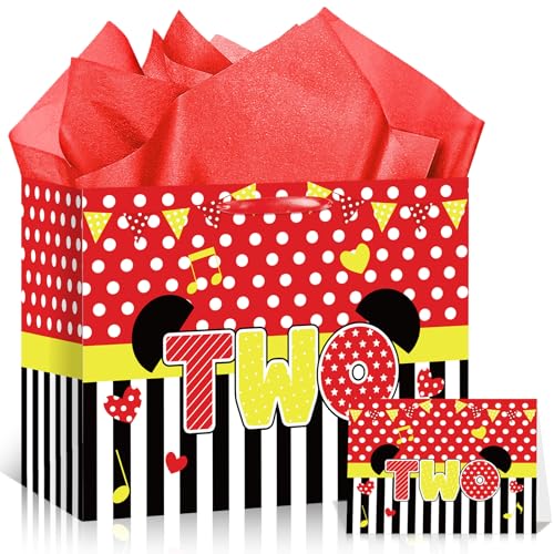 Cartoon Mouse 2nd Birthday Gift Bag Black Red Mouse 2nd Birthday Bag with Wrapping Paper and Card Red Polka Dot Stripe Two Years Old Gift Wrapping Paper Bags for Baby Boy Shower 2 Year Old Party Decor