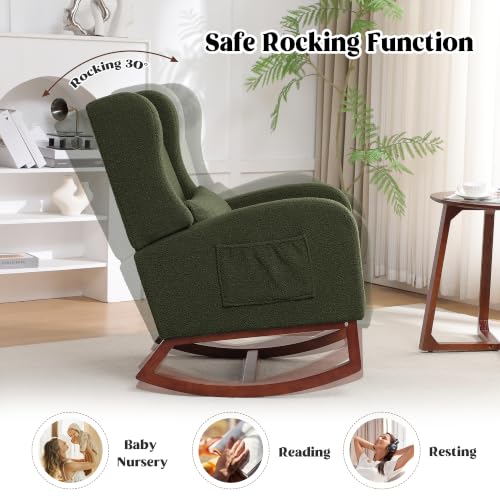 Image of HCHAIRH Rocking Chair Nursery with Foot Rest, Wingback Nursery Rocking Chairs Sherpa Nursing Chairs Glider Rocker with Pillow for Living Room, Bedroom, Teddy Green