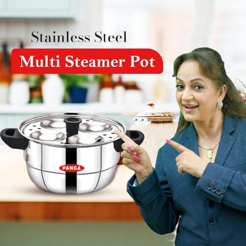 Image of PANCA 15 Litre Stainless Steel Idli Maker | 5 Plate 12 Cavity Idli Cooker | Heavy Duty Idli Steamer, Dhokla Maker, Mini Idli & Multi-Purpose Cooking Pot for Home Kitchen (Silver)