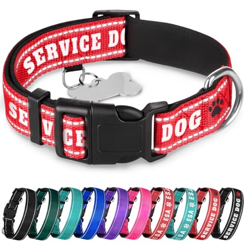 TECEUM Reflective Pet Collar Red - Service Dog S Extra Soft Padding Basic Nylon Dog Collar Quick Release Buckle Fits Small Medium and Large Dogs Puppies Cats