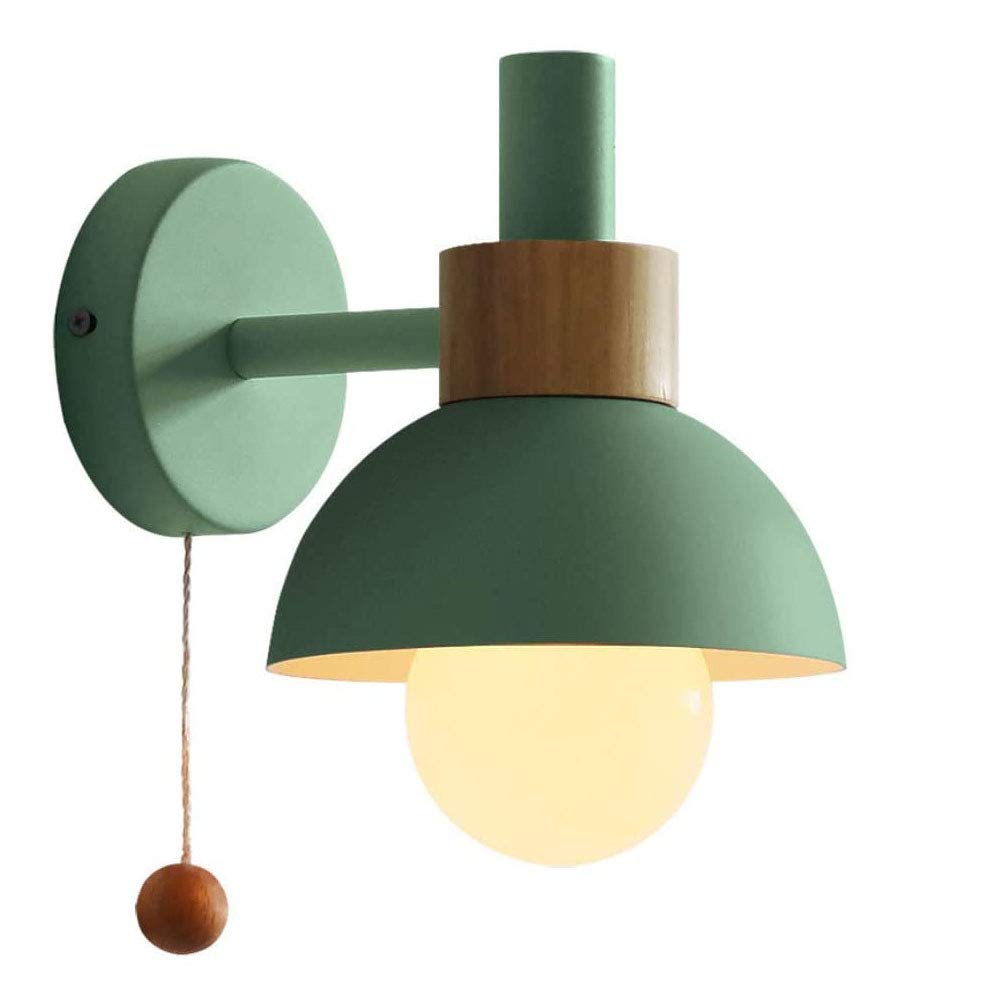 HUAYUSEDF Wall Sconces, Modern Light, Iron Wood Lamp with Pull Cord Switch, Round Sconce, Bedside Reading Lights, Bedroom Living Room Lighting Pink(Green)