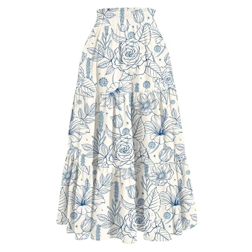 Women's Boho Outfits Floral Maxi Skirts Summer Pleated High Waisted Casual Long Skirt Flowy Dress, S-2XL2