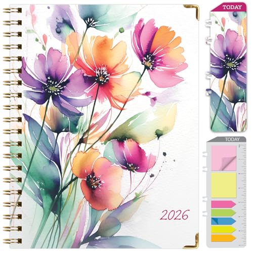 HARDCOVER 2026 Planner, 8.5"x11": 14 Months (November 2025 - December 2026), Daily Weekly Monthly Planner, Yearly Agenda, Bookmark, Pocket Folder and Sticky Note Set (Rainbow Floral)