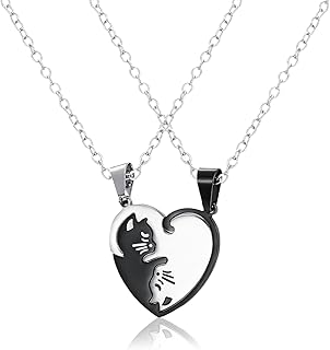 女性用猫ネックレス - ペア用ハートペンダント猫ネックレス ステンレススチール製ジュエリーチャーム,女友達や彼氏へのギフトに最適なファッションアクセサリー