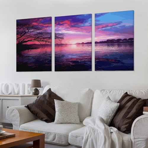 Peintures à thème coucher de soleil violet triptyque mural suspendu