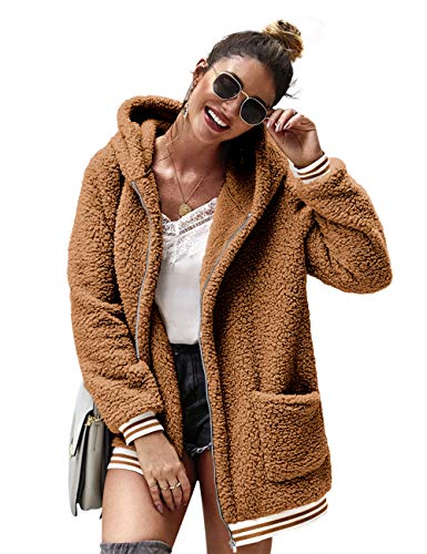 LOMON Cardigan for Women Oversized Fuzzy Fleece Long Sleeve Open Front Hooded Jacket Coat Winter Outwear with Pockets(Khaki,M)