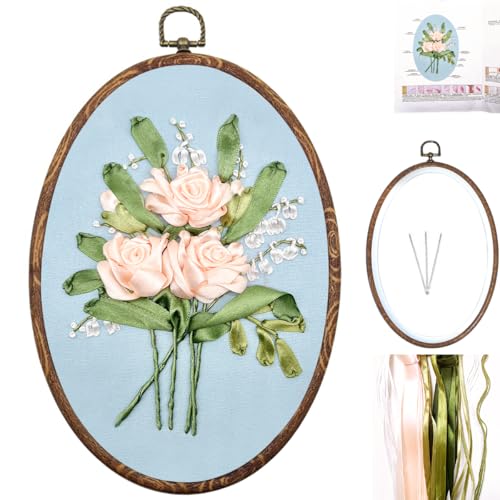 Image of FONNUY Ribbon Embroidery 3D Flowers Pattern Design Kit Embroidery DIY Handwork Set Oval Home Decoration (Champagne Rose)